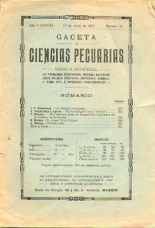 GACETA DE CIENCIAS PECUARIAS. Revista quincenal. Ao II. N 14.