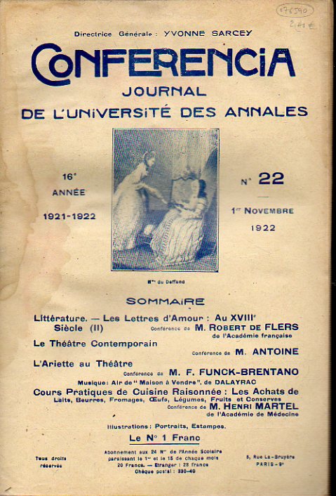 CONFERENCIA. Journal de lUniversit des Annales.  Anne 16e (1921-1922). N 22.