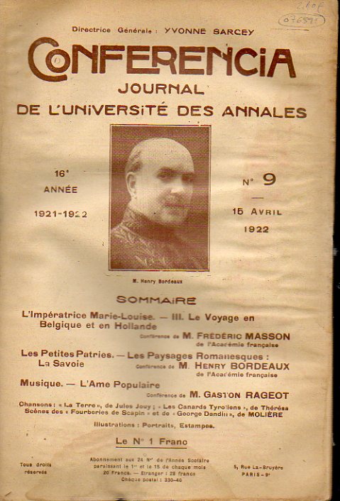 CONFERENCIA. Journal de lUniversit des Annales.  Anne  16e (1921-1922). N 9.