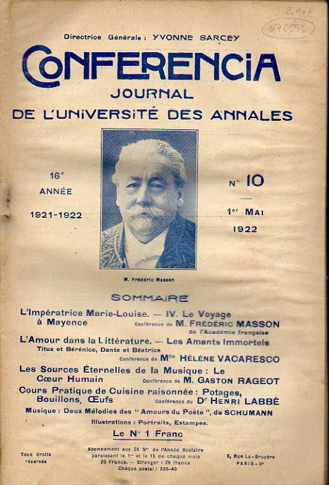 CONFERENCIA. Journal de lUniversit des Annales.  16e Anne  (1921-1922). N 10.