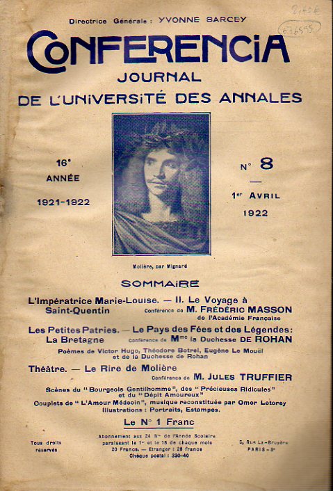 CONFERENCIA. Journal de lUniversit des Annales.  Anne  16e (1921-1922). N 8.