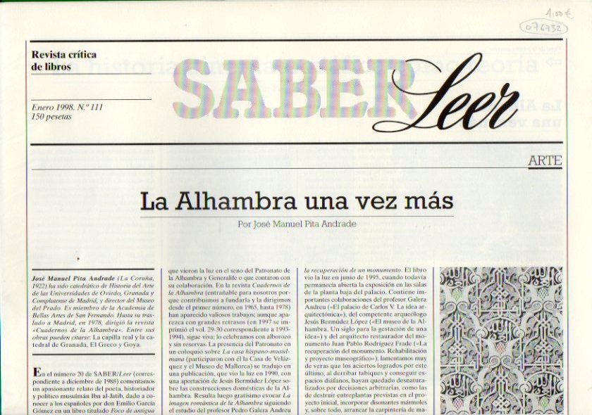 SABER LEER. Revista Crtica de Libros. N 111. J. Manuel Pita Andrade: La Alhambra una vez ms; R. Gubern: La historia cinematogrfica como teora; Lu