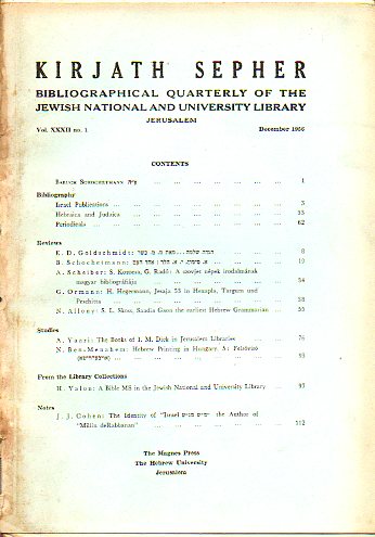 KIRJATH SEPHER. Bibliographical Quarterly Bibliographical Review. Vol. XXXII. N 1.