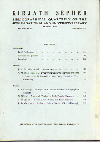 KIRJATH SEPHER. Bibliographical Quartely of the Jewish National and University Library. Vol. XLVI. N 2-3.