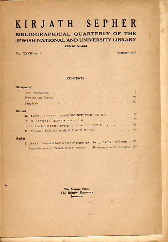 KIRJATH SEPHER. Bibliographical Quartely of the Jewish National and University Library. Vol. XXVIII. N 1.