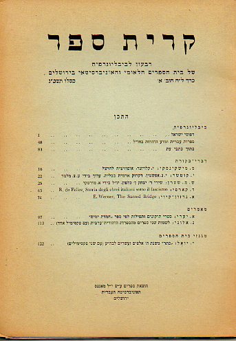 KIRJATH SEPHER. Bibliographical Quartely of The Jewish National And University Library. Vol. XXXVIII. N 1.