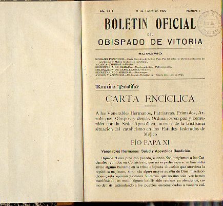 BOLETN OFICIAL DEL OBISPADO DE VITORIA. Tomo LXIII. Ao 1927.