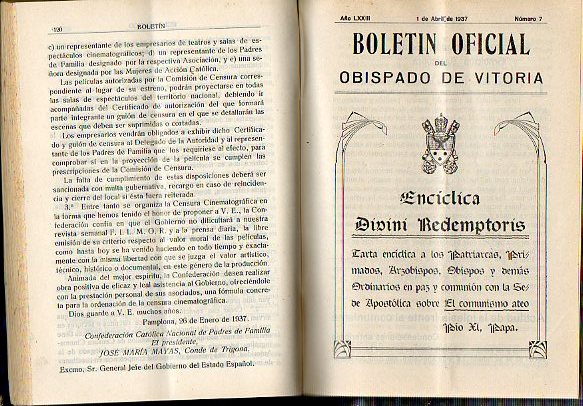BOLETN OFICIAL DEL OBISPADO DE VITORIA. Tomo LXXIII . Ao 1937.