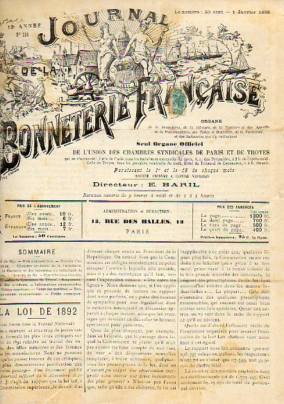 JOURNAL DE LA BONNETERIE FRANAISE. 13e anne. Nmeros 188-211.